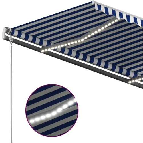 Ръчно прибиращ се сенник с LED, 400x300 см, синьо и бяло ➤ топ цена ➤ sorbe.bg