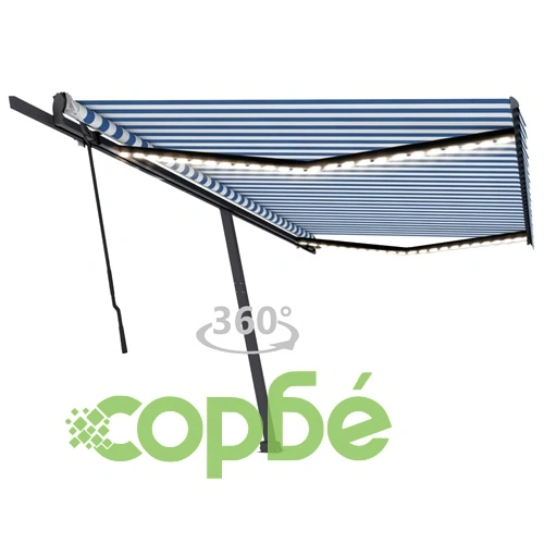 Ръчно прибиращ се сенник с LED, 500x300 см, синьо и бяло ➤ топ цена ➤ sorbe.bg