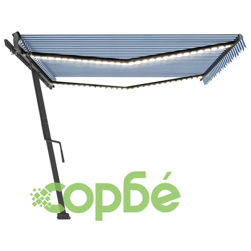Ръчно прибиращ се сенник с LED, 500x300 см, синьо и бяло ➤ топ цена ➤ sorbe.bg