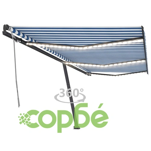 Ръчно прибиращ се сенник с LED, 600x300 см, синьо и бяло ➤ топ цена ➤ sorbe.bg