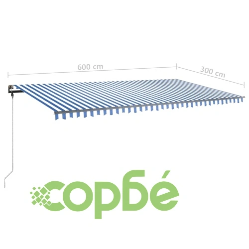 Ръчно прибиращ се сенник с LED, 600x300 см, синьо и бяло ➤ топ цена ➤ sorbe.bg