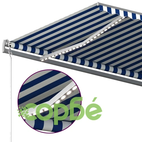 Ръчно прибиращ се сенник с LED, 600x300 см, синьо и бяло ➤ топ цена ➤ sorbe.bg