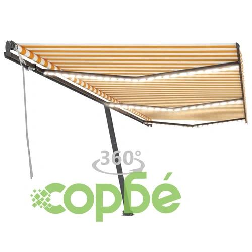 Ръчно прибиращ се сенник с LED, 600x300 см, жълто и бяло ➤ топ цена ➤ sorbe.bg
