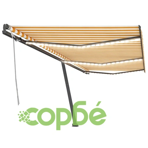 Ръчно прибиращ се сенник с LED, 600x300 см, жълто и бяло ➤ топ цена ➤ sorbe.bg