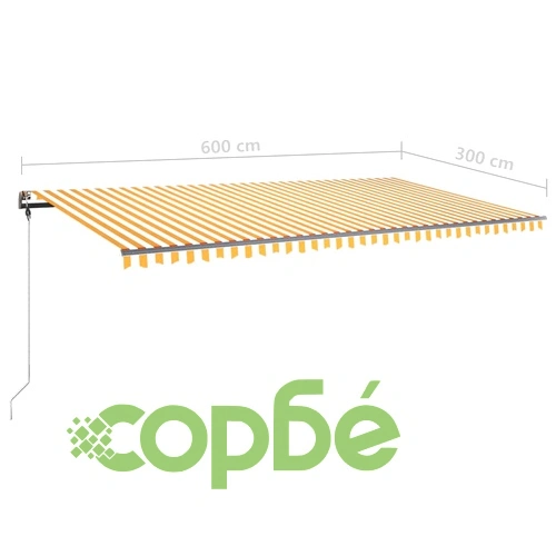 Ръчно прибиращ се сенник с LED, 600x300 см, жълто и бяло ➤ топ цена ➤ sorbe.bg