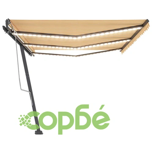 Ръчно прибиращ се сенник с LED, 600x300 см, жълто и бяло ➤ топ цена ➤ sorbe.bg