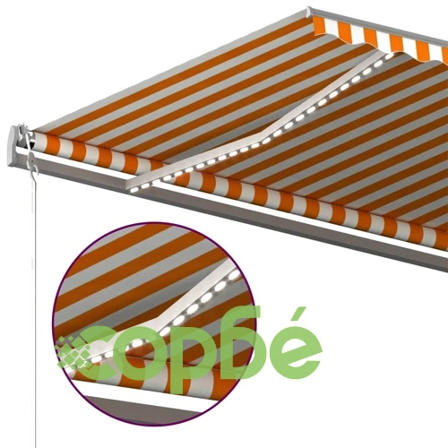 Ръчно прибиращ се сенник с LED, 600x300 см, жълто и бяло ➤ топ цена ➤ sorbe.bg