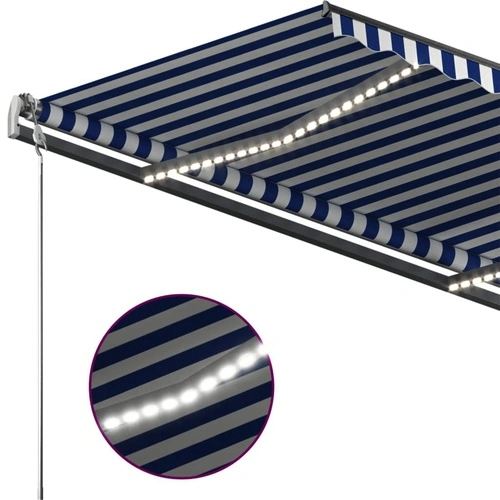 Ръчно прибиращ се сенник с LED, 450x350 см, синьо и бяло ➤ топ цена ➤ sorbe.bg