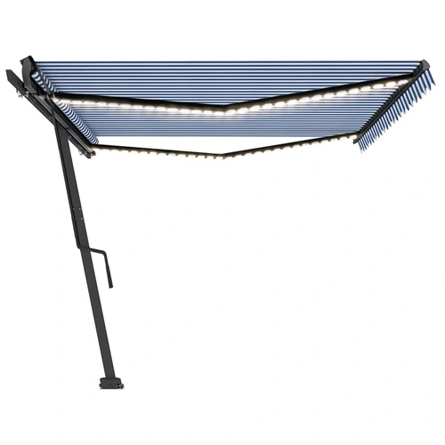 Ръчно прибиращ се сенник с LED, 500x350 см, синьо и бяло ➤ топ цена ➤ sorbe.bg