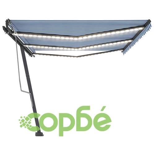 Ръчно прибиращ се сенник с LED, 600x350 см, синьо и бяло ➤ топ цена ➤ sorbe.bg