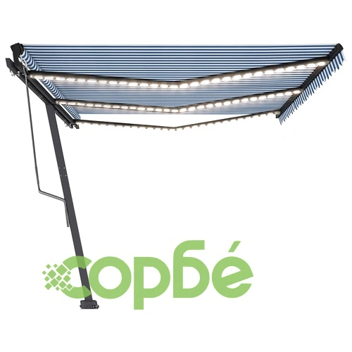 Автоматичен сенник LED сензор за вятър 600x350 см синьо и бяло ➤ топ цена ➤ sorbe.bg