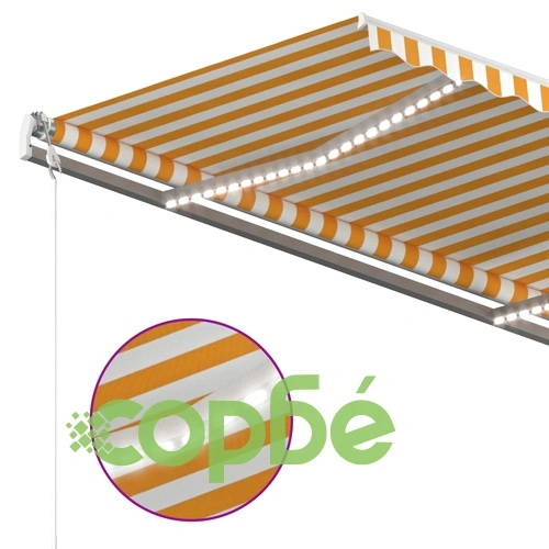 Ръчно прибиращ се сенник с LED, 3x2,5 м, жълто и бяло ➤ топ цена ➤ sorbe.bg