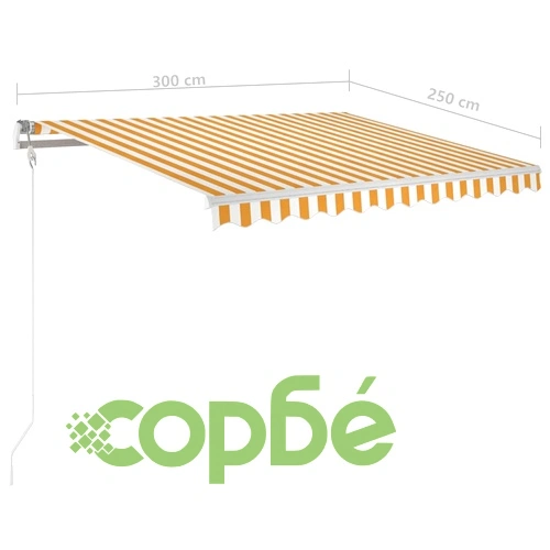 Ръчно прибиращ се сенник с LED, 3x2,5 м, жълто и бяло ➤ топ цена ➤ sorbe.bg