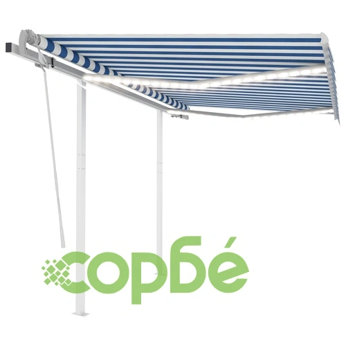 Ръчно прибираща се тента с LED, 3,5x2,5 м, синьо и бяло ➤ топ цена ➤ sorbe.bg