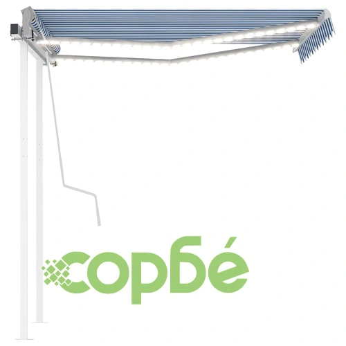 Ръчно прибираща се тента с LED, 3,5x2,5 м, синьо и бяло ➤ топ цена ➤ sorbe.bg