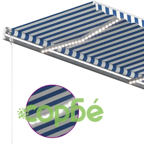 Ръчно прибираща се тента с LED, 3,5x2,5 м, синьо и бяло ➤ топ цена ➤ sorbe.bg