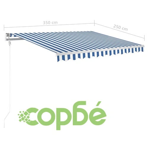 Ръчно прибираща се тента с LED, 3,5x2,5 м, синьо и бяло ➤ топ цена ➤ sorbe.bg