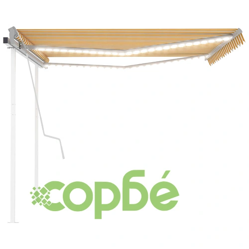 Ръчно прибиращ се сенник с LED, 4,5x3 м, жълто и бяло ➤ топ цена ➤ sorbe.bg
