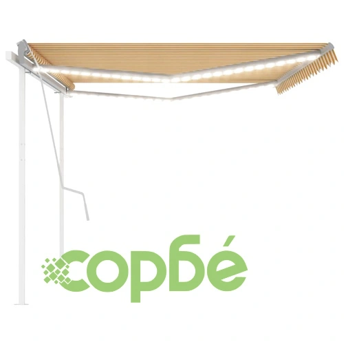 Ръчно прибиращ се сенник с LED, 5x3 м, жълто и бяло ➤ топ цена ➤ sorbe.bg