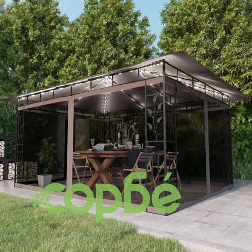 Шатра с мрежа срещу комари и LED стрингове 4x3x2,73 м таупе ➤ топ цена ➤ sorbe.bg