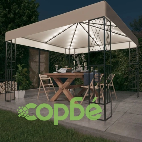 Шатра с LED светещи стрингове, 3х3 м, кремава, текстил ➤ топ цена ➤ sorbe.bg