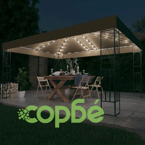 Шатра с LED светещи стрингове, 3х4 м, таупе, текстил ➤ топ цена ➤ sorbe.bg