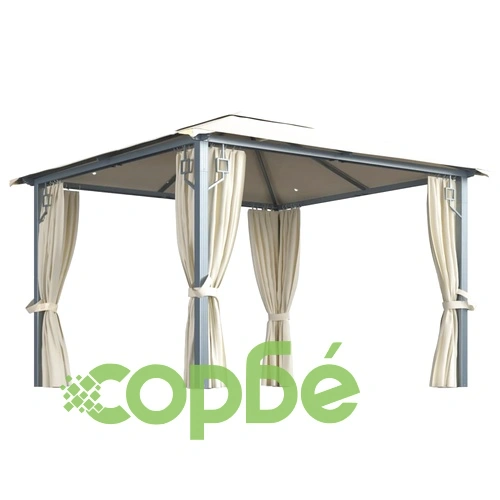 Шатра със завеси и LED стрингове, 3x3 м, кремава, алуминий ➤ топ цена ➤ sorbe.bg