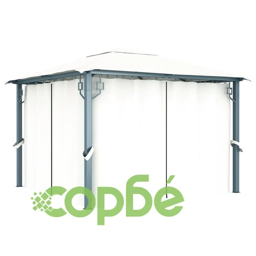 Шатра със завеси и LED стрингове, 3x3 м, кремава, алуминий ➤ топ цена ➤ sorbe.bg