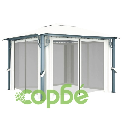 Шатра със завеси и LED стрингове, 3x3 м, кремава, алуминий ➤ топ цена ➤ sorbe.bg