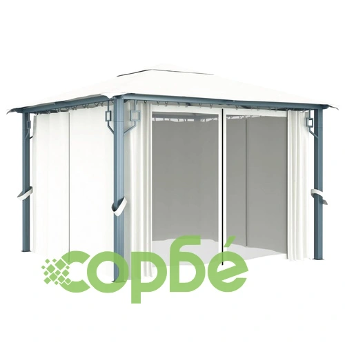 Шатра със завеси и LED стрингове, 3x3 м, кремава, алуминий ➤ топ цена ➤ sorbe.bg
