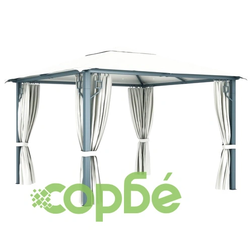 Шатра със завеси и LED стрингове, 3x3 м, кремава, алуминий ➤ топ цена ➤ sorbe.bg