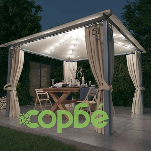 Шатра със завеси и LED стрингове, 3x3 м, кремава, алуминий ➤ топ цена ➤ sorbe.bg