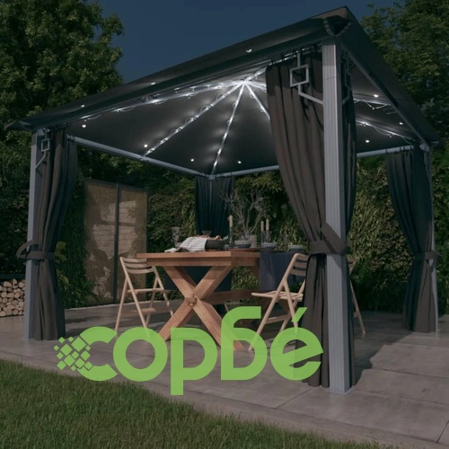 Шатра със завеси и LED стрингове, 3x3 м, антрацит, алуминий ➤ топ цена ➤ sorbe.bg