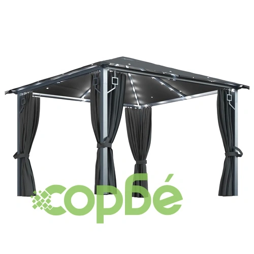 Шатра със завеси и LED стрингове, 3x3 м, антрацит, алуминий ➤ топ цена ➤ sorbe.bg