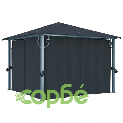 Шатра със завеси и LED стрингове, 3x3 м, антрацит, алуминий ➤ топ цена ➤ sorbe.bg