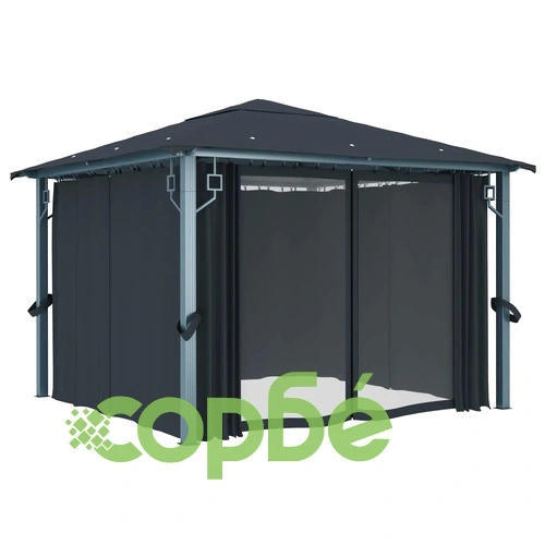 Шатра със завеси и LED стрингове, 3x3 м, антрацит, алуминий ➤ топ цена ➤ sorbe.bg