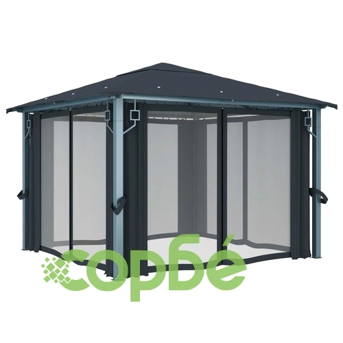 Шатра със завеси и LED стрингове, 3x3 м, антрацит, алуминий ➤ топ цена ➤ sorbe.bg