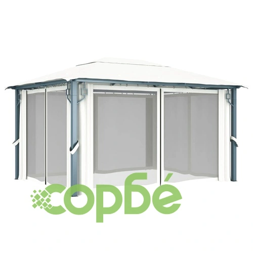 Шатра със завеси и LED светещи стрингове 4x3 м кремава алуминий ➤ топ цена ➤ sorbe.bg