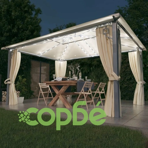 Шатра със завеси и LED светещи стрингове 4x3 м кремава алуминий ➤ топ цена ➤ sorbe.bg