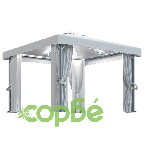 Шатра със завеси и LED светещи стрингове, 3х3 м, кремавобяла ➤ топ цена ➤ sorbe.bg