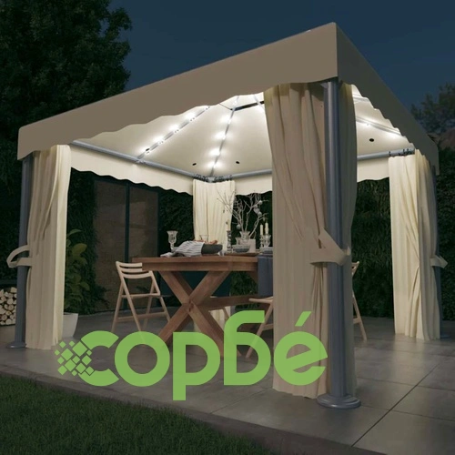 Шатра със завеси и LED светещи стрингове, 3х3 м, кремавобяла ➤ топ цена ➤ sorbe.bg
