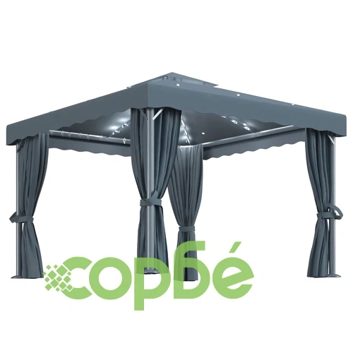 Шатра със завеси и LED светещи стрингове, 3х3 м, антрацит ➤ топ цена ➤ sorbe.bg