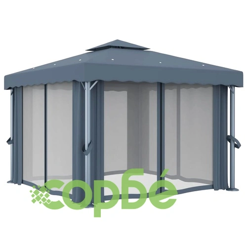 Шатра със завеси и LED светещи стрингове, 3х3 м, антрацит ➤ топ цена ➤ sorbe.bg
