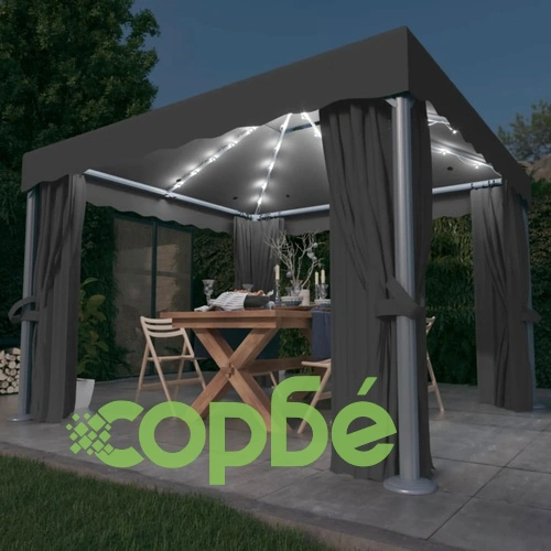 Шатра със завеси и LED светещи стрингове, 3х3 м, антрацит ➤ топ цена ➤ sorbe.bg