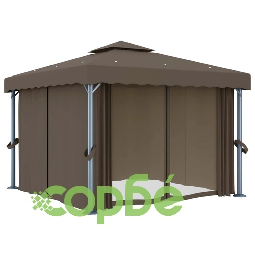 Шатра със завеси и LED светещи стрингове 3x3 м таупе ➤ топ цена ➤ sorbe.bg