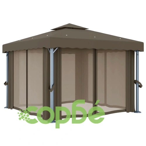 Шатра със завеси и LED светещи стрингове 3x3 м таупе ➤ топ цена ➤ sorbe.bg