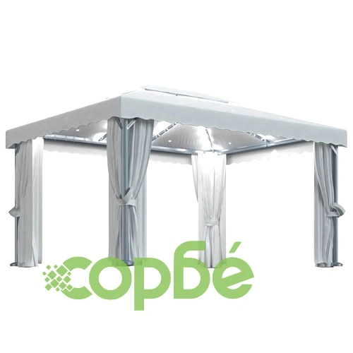 Шатра със завеси и LED светещи стрингове, 4х3 м, кремавобяла ➤ топ цена ➤ sorbe.bg