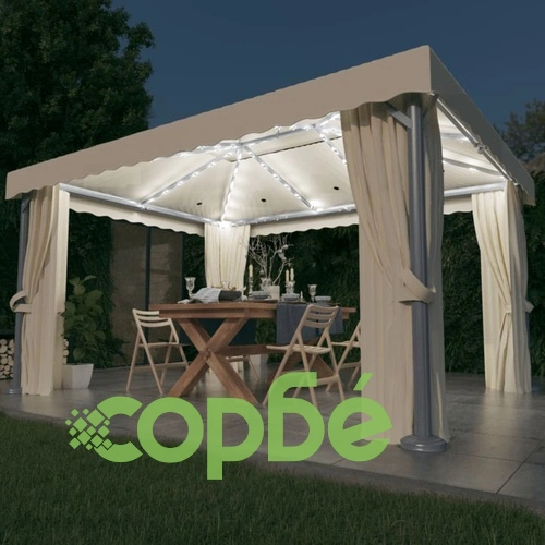 Шатра със завеси и LED светещи стрингове, 4х3 м, кремавобяла ➤ топ цена ➤ sorbe.bg