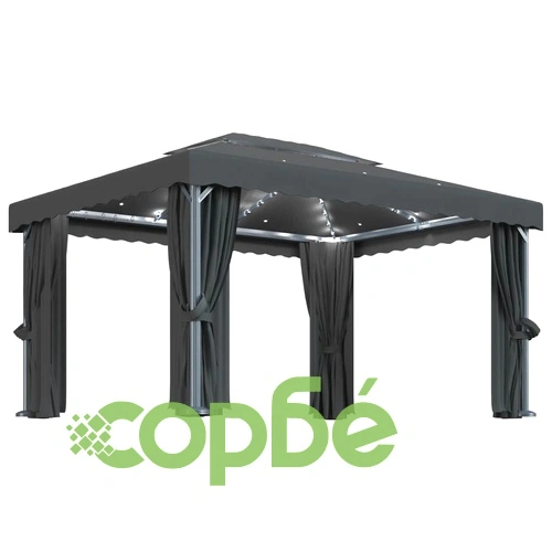 Шатра със завеси и LED светещи стрингове, 4х3 м, антрацит ➤ топ цена ➤ sorbe.bg