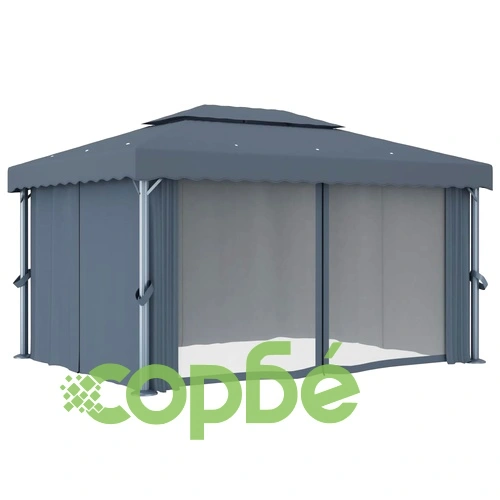 Шатра със завеси и LED светещи стрингове, 4х3 м, антрацит ➤ топ цена ➤ sorbe.bg